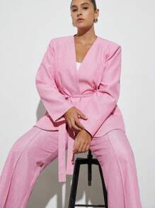 Aveloria Modichic 女士无领双色竹条纹腰带宽松直筒长裤套装加大码 - 粉色 - 查看 6