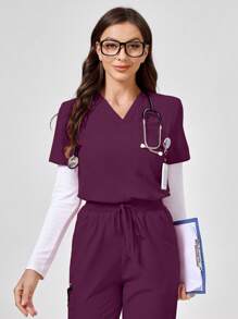 TaskEZ Solid Color V-Neck Short Sleeve Top And Pants, Scrub Uniform Set - Burgundy - View 6