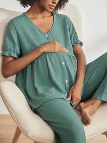 SHEIN BloomMama Conjunto de ropa de estar en casa para embarazadas compuesto por cardigan de manga abullonada de cuello en V de un solo color y pantalones