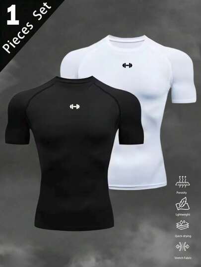 Manfinity Sport Corelite Herr T-shirt med skivstångstryck, raglanärm, kortärmad, avslappnad fitness- och tränings-T-shirt, figurnära, rund hals