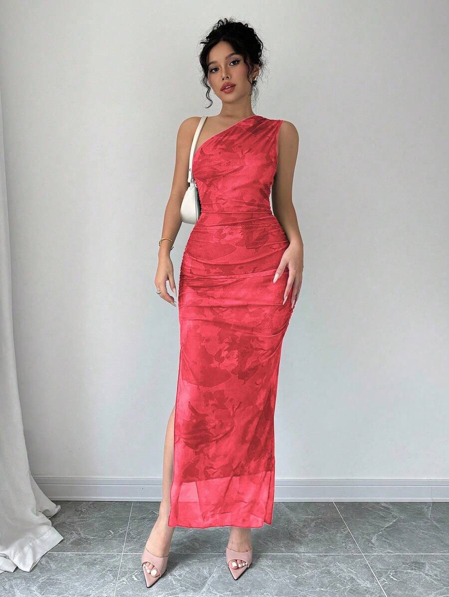 Selianne 女式无袖花卉印花侧开衩时尚修身度假长裙女装 - 粉色 - 查看 1