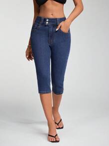 Jeanoix Women's Casual Skinny Slit Capri Capri Denim Pants - Dark Wash - View 4