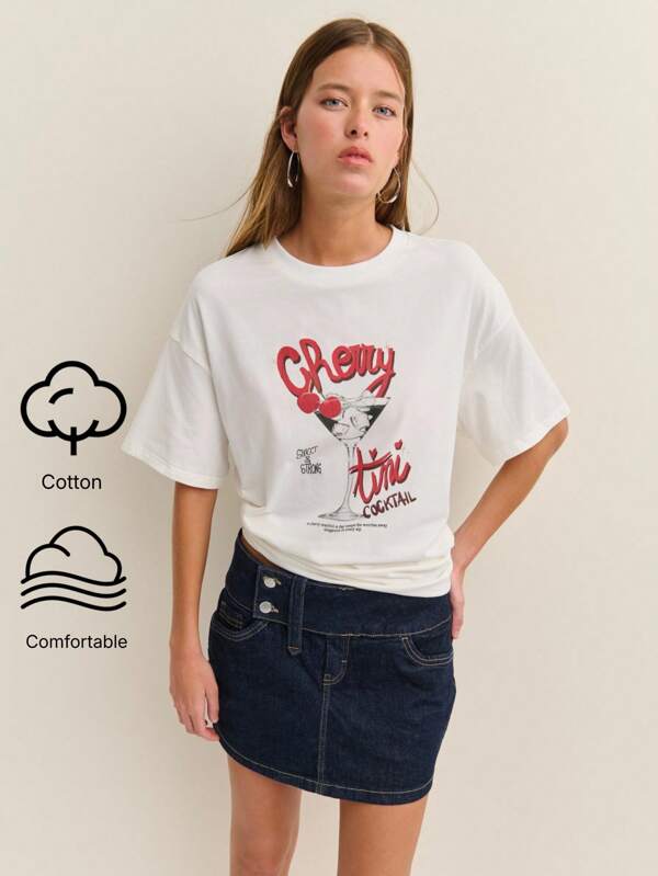 Nöista Tricou de vară pentru femeie cu imprimeu de cireșe și litere, guler rotund, mânecă scurtă, casual