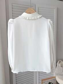SHEIN 青少年女孩宽松休闲优雅荷叶边泡泡袖纽扣衬衫，舒适日常和学校穿着，长袖上衣白色荷叶边白色衬衫 - 白色 - 查看 3