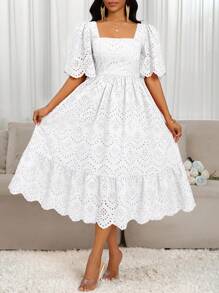 SHEIN Lady Damen Stickerei Jakobsmuschelkragen Kurzarm Elegantes mittellanges Kleid Weißes Ösenkleid Weißes Vintage-Kleid Milchjungfrau-Kleid Damen Cottagecore-Kleid Bridgerton Tea Party-Kleid