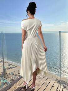 Firerie Elegant Cream White Summer Off-The-Shoulder Pleated Dress For Women,Asymmetrical Hem Imitation Linen Skirt,Holiday Beach Tea Party Birthday Outfits - Black - View 8