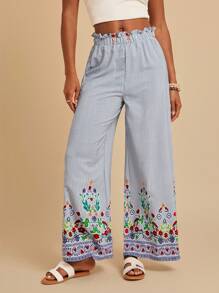 SHEIN VCAY Women'S Striped Pants With Floral Embroidery - Multicolor - View 4