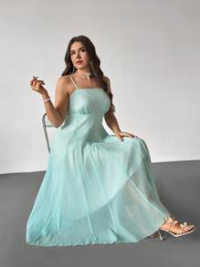 Firerie Plus Size Women's Square Neck Ruffle A-Line Midi Dress,Light Green Summer Elegant Weddimg Guest,High Waist Strap Dress For Valentine's Day,Wedding - Green - View 2