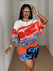 Maweii Plus Size Women 2pcs Set Letter Print Short Sleeve Top And Bodycon Mini Skirt Casual Sports Street Outfit