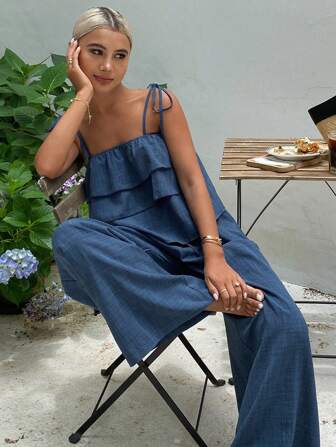DAZY 2pcs Women Ruffled Cami Top & High Waist Tie-Up Pants Casual Two Pieces Suit Set, Summer