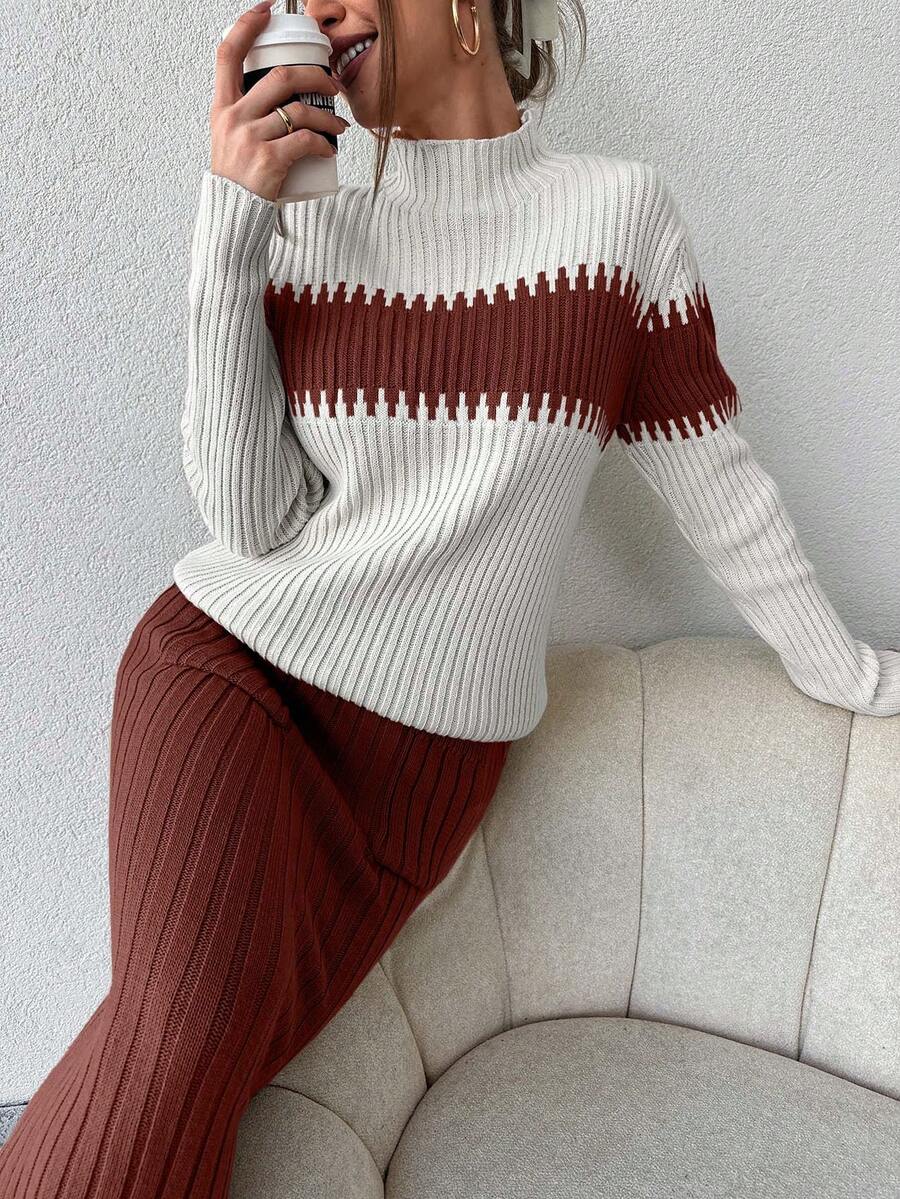 SHEIN Cottnline 2 件套女士撞色立领蝙蝠袖毛衣和双口袋针织迷你裙休闲套装 - 棕色 - 查看 1