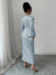 Modelyn 女式红色豹纹缎面提花十字V领裹腰紧身长袖连衣裙 - 藍色 - 查看 2