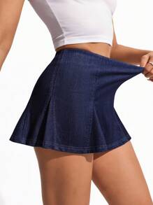 Flexra Women's Pleated High Waist Short Casual Denim Mini Skirt - Dark Wash - View 7