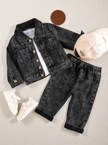SHEIN Playful Pals 2 件套男婴休闲酷炫复古水洗黑色牛仔翻领夹克衬衫和做旧水洗牛仔裤，时尚休闲装适合春季、秋季和所有季节 - 黑色 - 查看 1