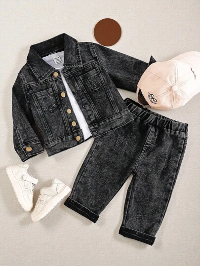 SHEIN Playful Pals 2 件套男婴休闲酷炫复古水洗黑色牛仔翻领夹克衬衫和做旧水洗牛仔裤，时尚休闲装适合春季、秋季和所有季节