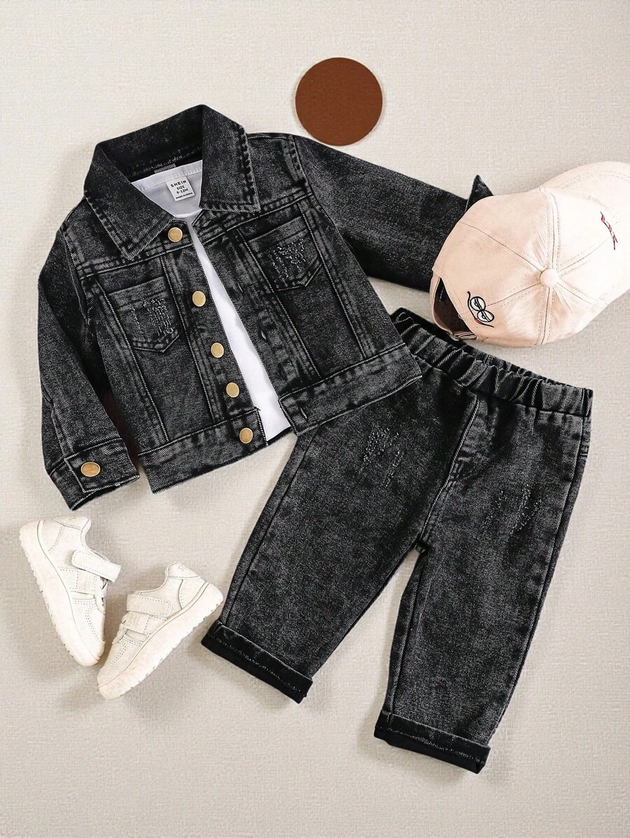 SHEIN Playful Pals 2 件套男婴休闲酷炫复古水洗黑色牛仔翻领夹克衬衫和做旧水洗牛仔裤，时尚休闲装适合春季、秋季和所有季节 - 黑色 - 查看 1
