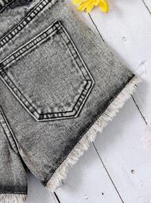 Pantalones cortos vaqueros de verano para niñas pequeñas con estampado floral colorido, cintura elástica suelta y dobladillo con volantes, en negro y gris