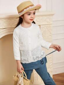 DAZY 年轻女孩圆领蕾丝拼布休闲长袖纯色开衫，秋装 - 白色 - 查看 2