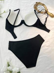 DelicateAllure Bộ đồ lót ren tương phản & quần lót - Đen và trắng - Xem 2