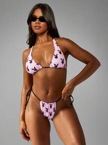Missguided x Playboy Bunny Print Triangle String Bikini For Beach Vacation Summer Holiday Poolside Resort Wear - Pink - View 4
