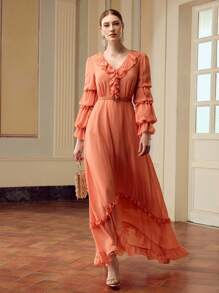 ZEYLAH Women's Elegant Floral Lace Trim Long Sleeve Dress, Solid Color Fall Cloth For Women