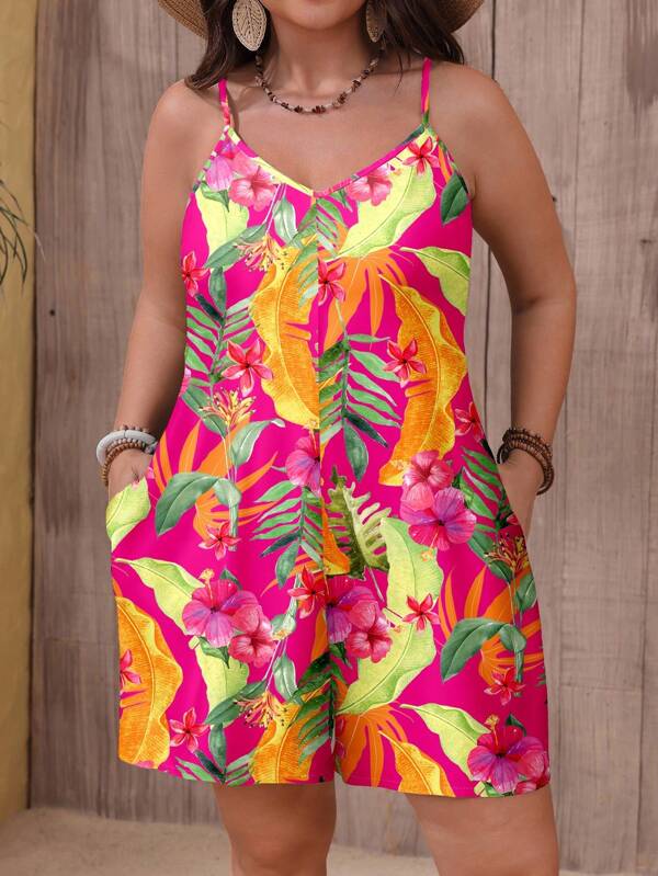 EMERY ROSE Tropical Floral Print Casual Jumpsuit, Simple And Relaxed, Suitable For Plus Size In Summer Suitable For Going Out