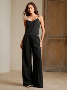 Anewsta Beach Holiday Style Pearl Decor Women Tank Top - Black - View 5