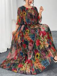 Reflora Plus Size Women Summer Dress, Elegant Pleated Chiffon Dress, Transparent Half-Sleeve Long Dress, Flowy & Gorgeous Summer Outfits