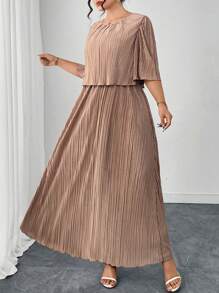 SHEIN Clasi 加大码女式几何优雅雪纺荷叶边休闲连衣裙，适合夏季教师装女士夏季服装