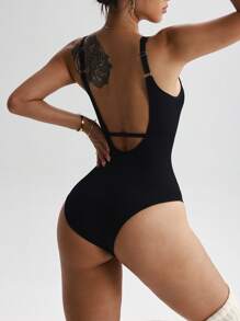 SHEIN Sports Solid Color Backless Scoop Neck Sleeveless Tight-Fitting Bodysuit Workout Bodysuit One Piece Bodysuit - Black - View 3