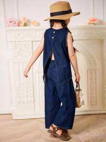 Dazy Kids 女童休闲圆领无袖水洗牛仔衬衫和宽松牛仔裤两件套 - 寶藍色 - 查看 4