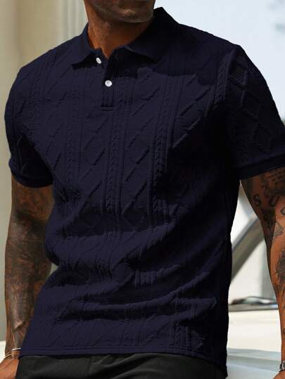 Manfinity Homme Men's Apricot Color Geometric Striped Textured Casual Polo Shirt Men Knitted Polo Shirt Textured Polo Shirt