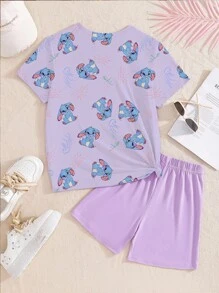 GraphicGems 1 Set Tween Girls' Casual Cute Animal & Strawberry Print Short Sleeve T-Shirt And Shorts Set, Fashionable And Comfortable For Spring/Summer Outings, Streets, Home Or School