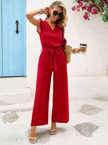 Vivid Eden 女士休闲 V 领蕾丝边长款连体裤，适合度假，女士红色连体裤，女士夏季连体裤，女士度假装，女士节日装，女士秋季服装，女士早午餐装，教师装，女士度假连体裤，红色度假连体裤，女士连体裤，红色