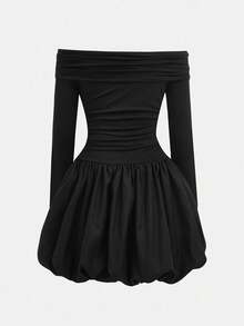 Firerie Kids Firerie Kids 青少年女孩纯色露肩荷叶边长袖褶饰下摆连衣裙 - 黑色 - 查看 2