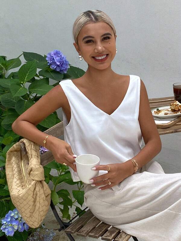 Livesso Bluză elegantă și casual pentru femei, cu decolteu în V, din satin, fără mâneci, lejeră