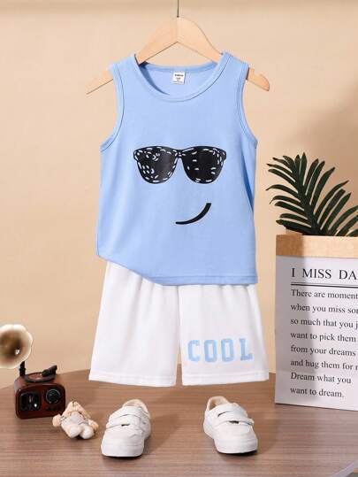 SHEIN 2pcs Young Boy Casual Everyday Basic Sports Simple Cute Cartoon Sunglass Face Print Sleeveless Top And Shorts Set, Soft Knit Fabric, Spring Summer, Suitable For 4-7 Years Old Children, Versatile For Outdoor Activities, Sports, School Daily Wear, Minimalistic Design