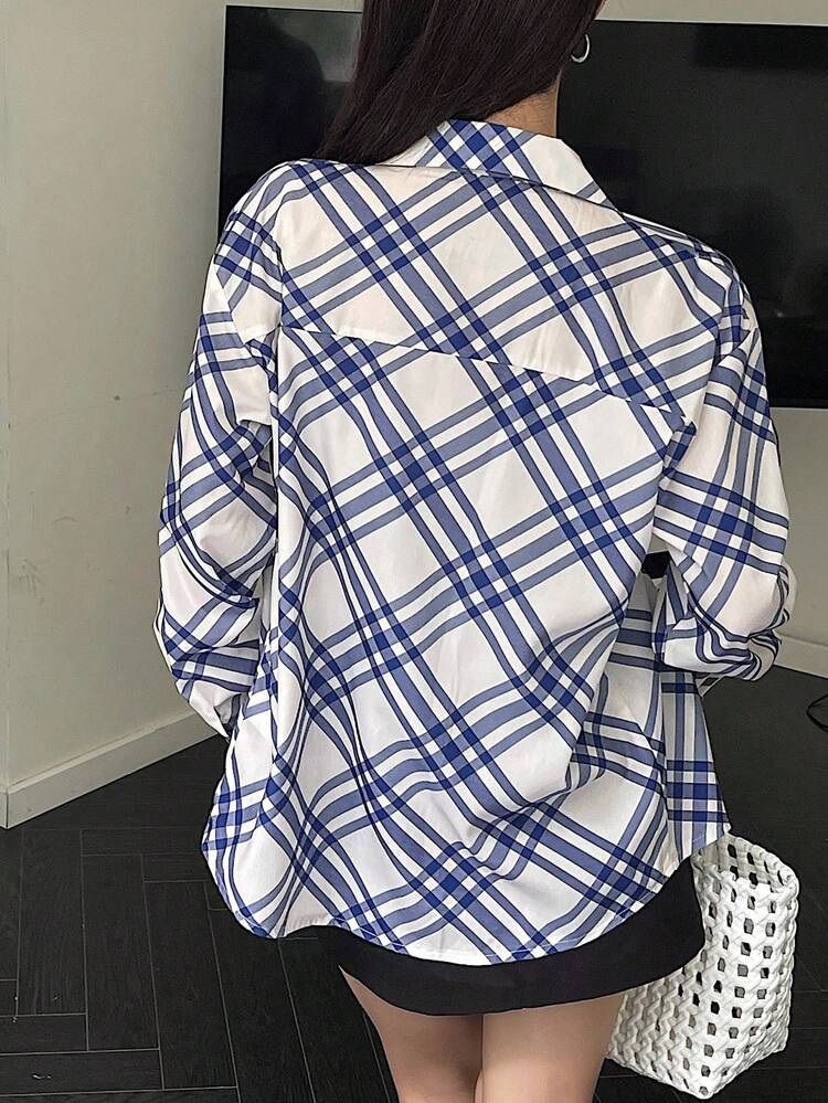 Casual Loose Plaid Print Shirt, Minimalist Design For Women, Long Sleeve Fall Tops