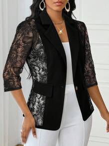 SHEIN Lady 四季黑色西装女西装外套女大衣蕾丝拼接优雅西装黑色蕾丝西装外套秋冬 - 黑色 - 查看 6