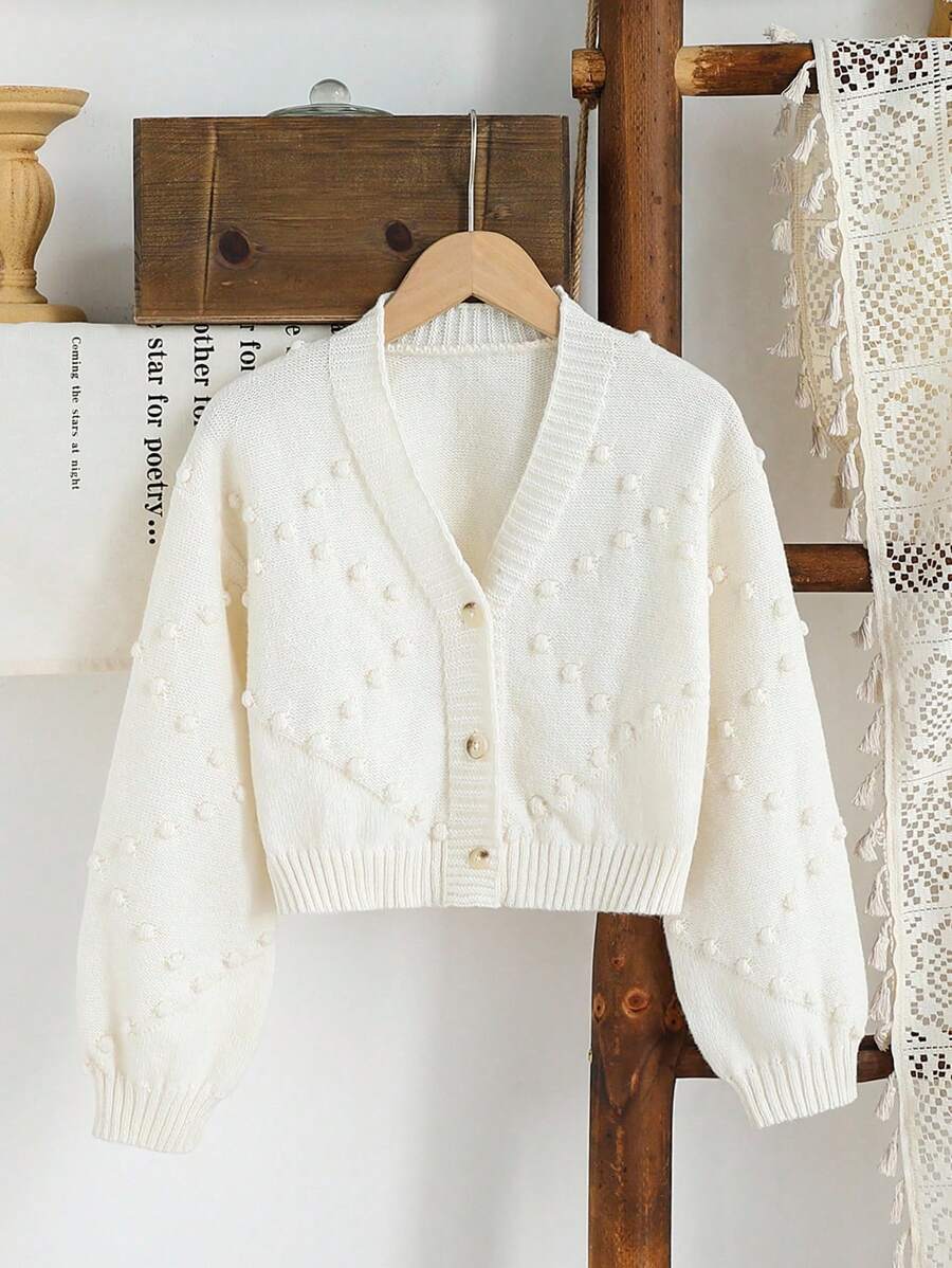 SHEIN Vintaside Kids Girls New Complex Crafted Wavy Ball Knitted Cardigan Long Sleeve Girls Cardigan Sweater Girl Cardigan Sweater Little Girls Button Up Sweater Girls White Cardigan Bobble Knit Cardigan Fall Winter
