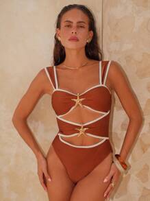 Swim Chiccia Women's One-Piece Swimsuit For Summer, Three-Color Combination, Shiny Fabric, Ocean Five-Star Metal Accessories, Modified Fit For Vacation