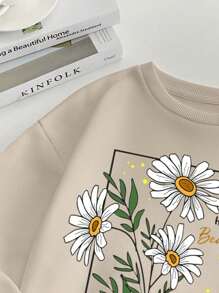 INAWLY 花卉和口号图案保暖内衬运动衫 阳光 幸福 美丽 让我快乐 - 米色 - 查看 3