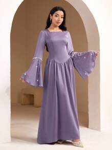 Veilorie 方领喇叭袖重钻褶饰腰部优雅阿拉伯风格连衣裙 - 紫色 - 查看 4