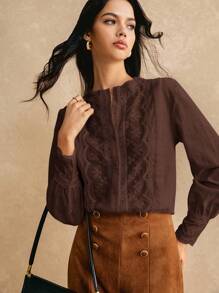Poéselle Women Casual Solid Color Embroidery Patchwork Shirt - Coffee Brown - View 6