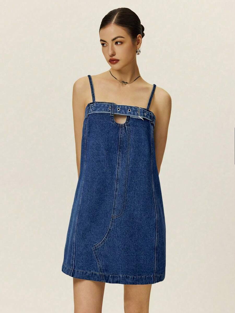 Poéselle 女士休闲宽松夏季时尚日常吊带牛仔连衣裙 - 中等水洗藍 - 查看 1