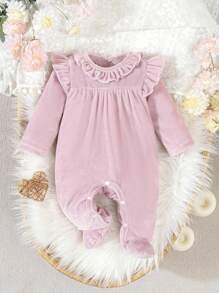 SHEIN Toddler Girls Cute Purple Velvet Long Sleeve Jumpsuit Pajamas Baby Girl Romper Baby Ruffle Romper Newborn Baby Girl Clothes Baby Girl Jumpsuit Long Sleeve Baby Romper Fall Winter - Mauve Purple - View 9