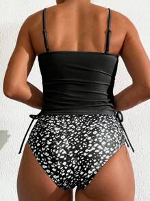 SHEIN Swim Fashionable Women Strappy Drawstring Bowknot Tankini Bikini Set Set, Summer - Black and White - View 2