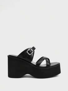 Sugerpunk 2025 New Women's Black Square Toe Thick Soles Platform Wedge Sandals With Ankle Strap, Coarse Heel Waterproof Toe Strap Chunky High Heels Roman Shoes - Black - View 1