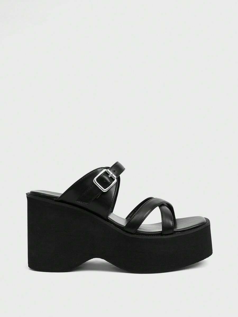 Sugerpunk 2025 New Women's Black Square Toe Thick Soles Platform Wedge Sandals With Ankle Strap, Coarse Heel Waterproof Toe Strap Chunky High Heels Roman Shoes - Black - View 1