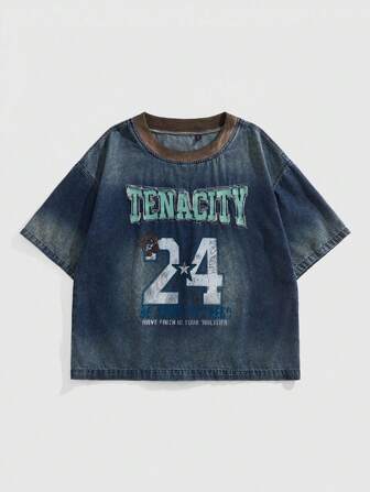 Prep Men's Casual Washed Embroidered Letter & Number Denim Shirt For Summer